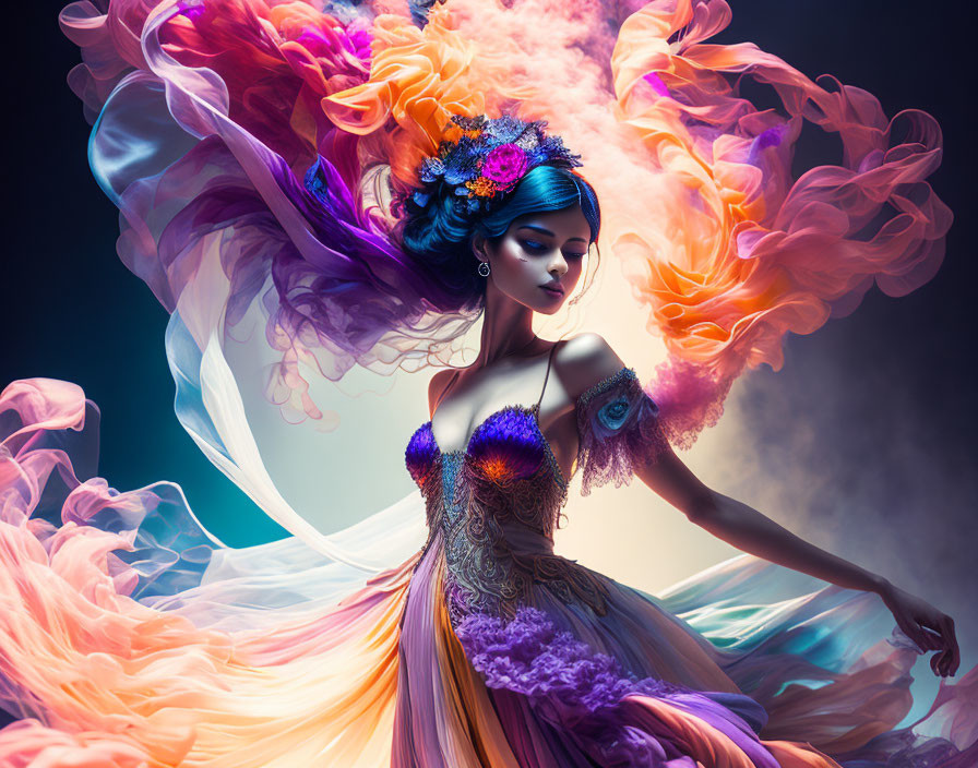 Vibrant surreal portrait of woman with colorful smoke swirls & floral attire