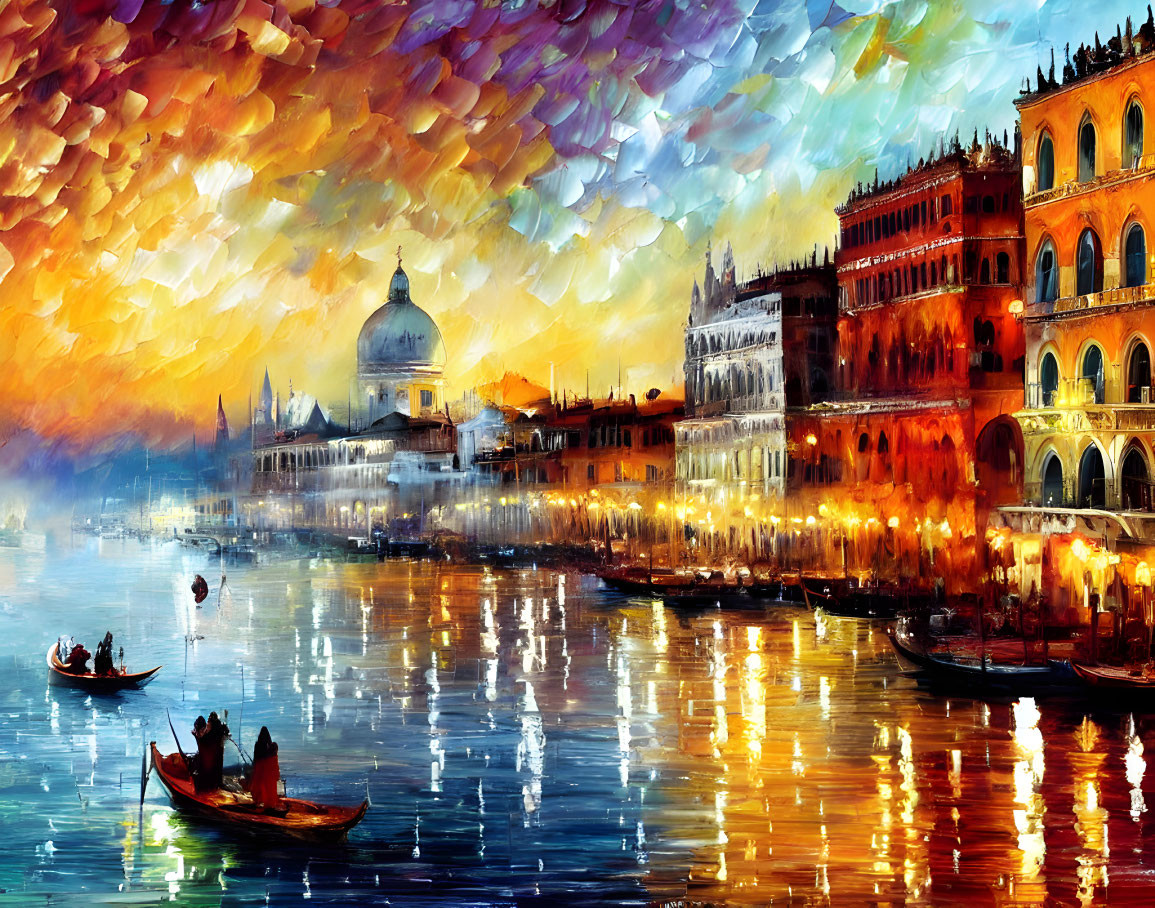 Impressionistic painting of Venice at sunset with gondolas, reflective lights, and historic architecture.