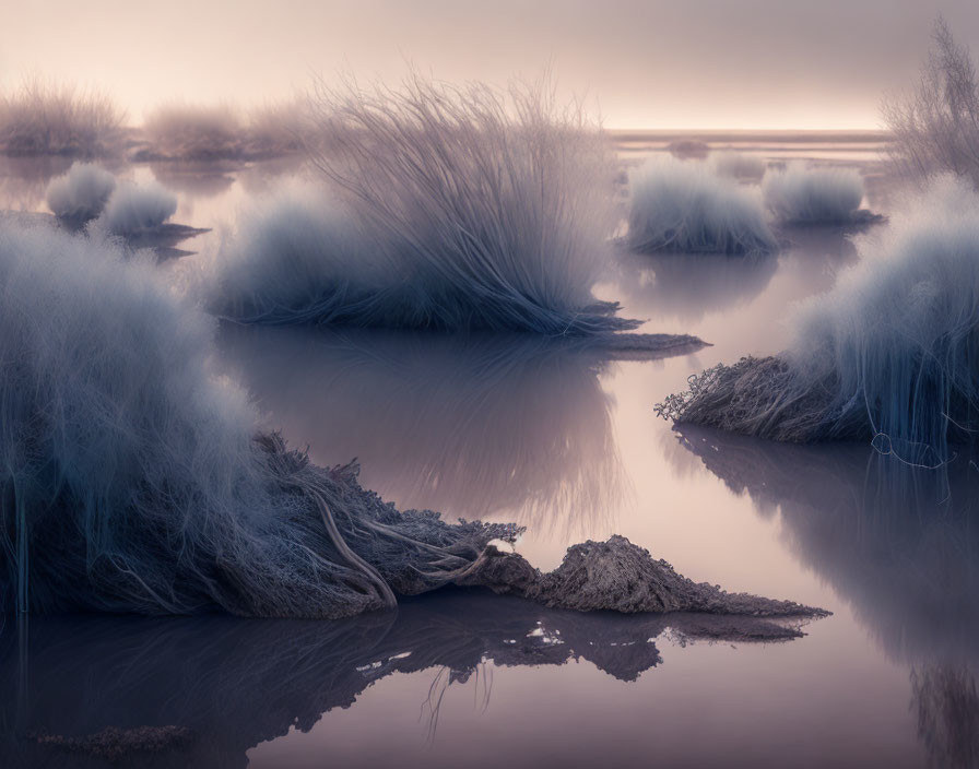 Tranquil misty water landscape with serene atmosphere