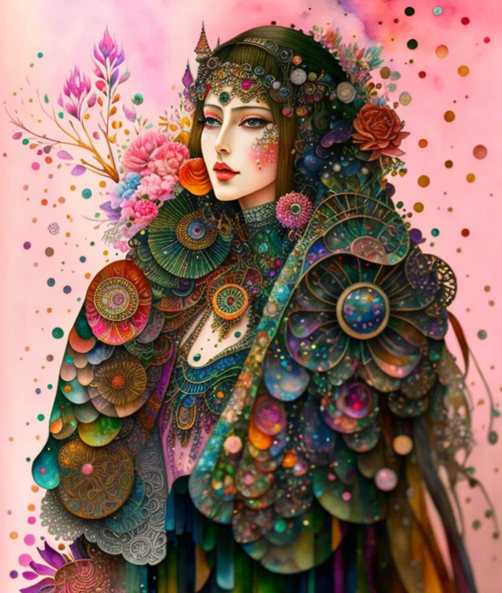 Vibrant woman illustration with peacock feathers and floral motifs