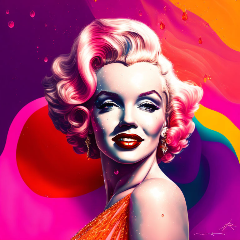 Colorful digital artwork: Woman with blonde curly hair, red lipstick, orange dress, on psychedelic background