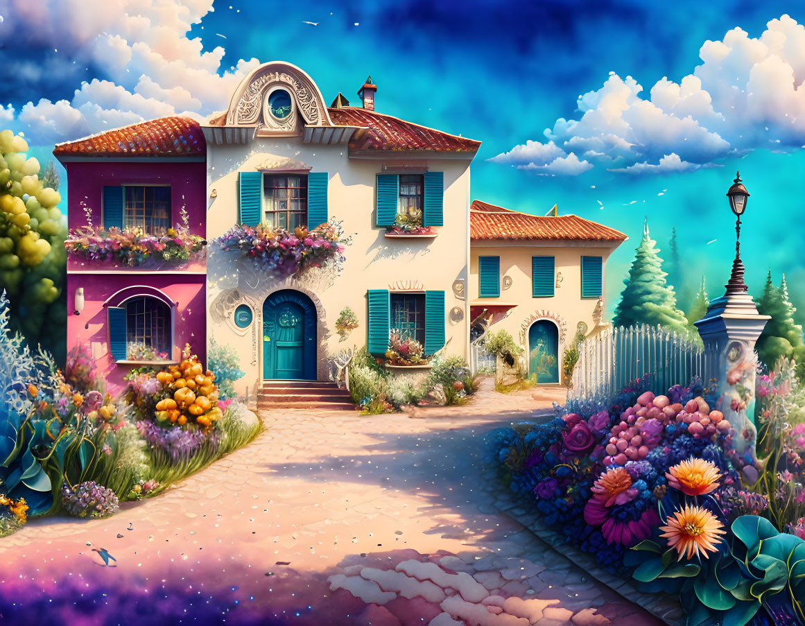 Colorful Houses Surrounded by Oversized Flowers Under Dreamy Sky