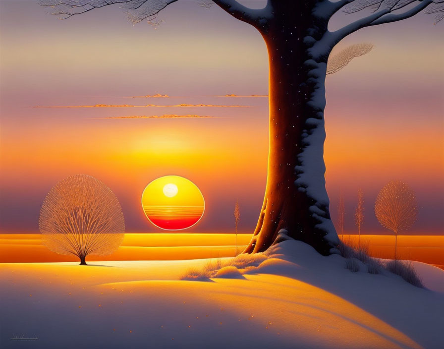 Snowy Winter Sunset with Large Tree & Orange Sky