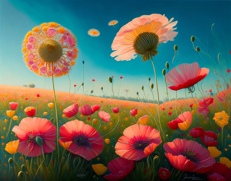 Colorful painting of blooming field with flowers under blue sky and dandelion seeds.