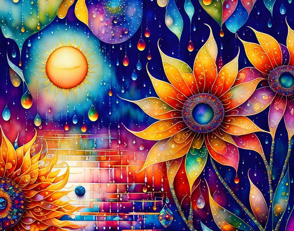 Colorful Psychedelic Artwork: Sunflowers, Cosmic Sun, Stars, Orbs