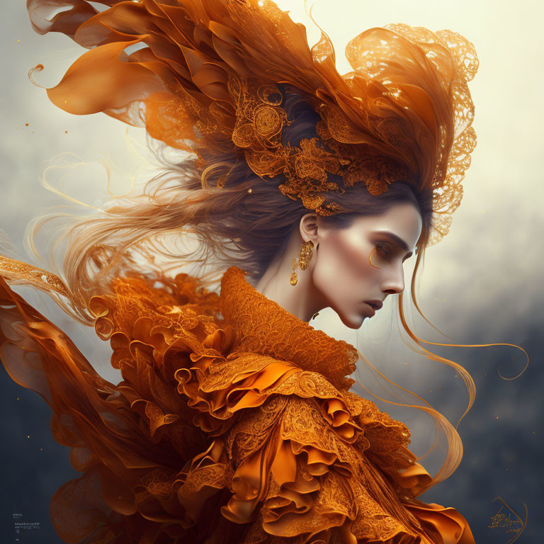 Ethereal digital art: Woman with flowing orange hair and lace attire