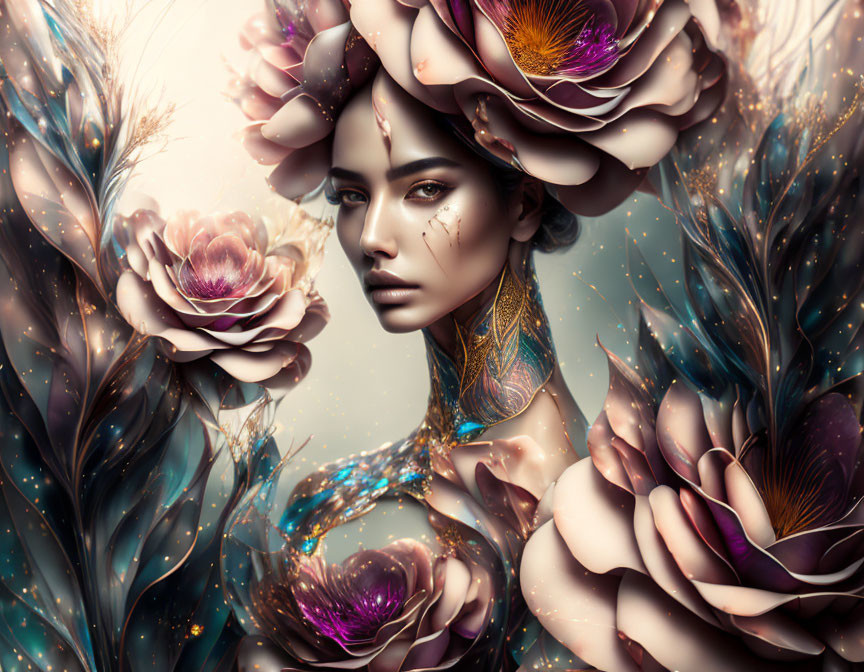 Detailed surreal portrait with oversized flowers and feathers in cream, brown, and purple.