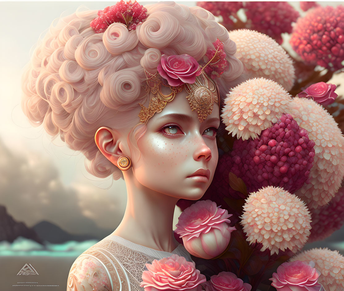 Illustration of person with floral hair and gold jewelry in soft-toned flower setting.