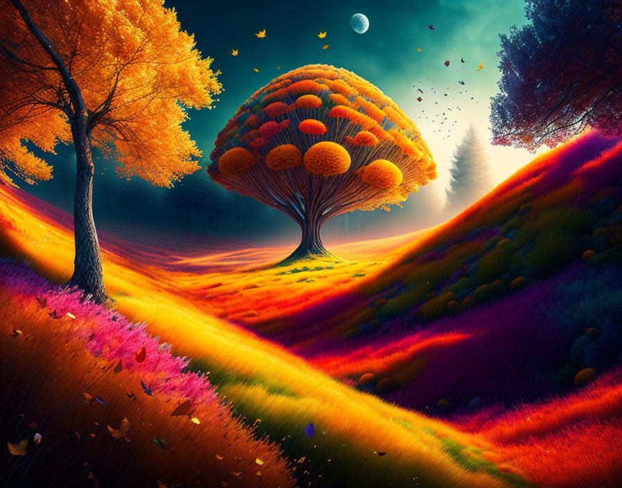 Colorful landscape with whimsical tree and orange mushroom-like canopy