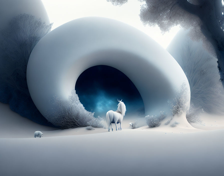 Surreal winter landscape with white and smaller unicorns in mystical blue haze