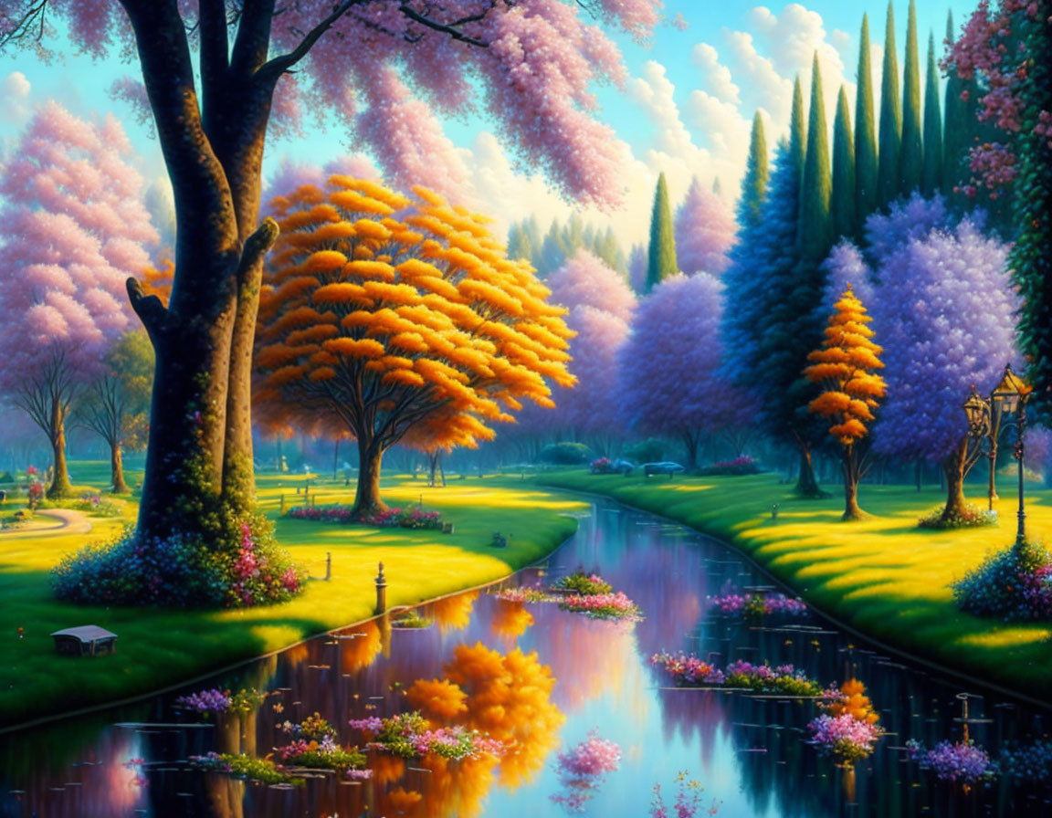 Colorful Landscape with Blossoming Trees, Serene River, and Lush Vegetation