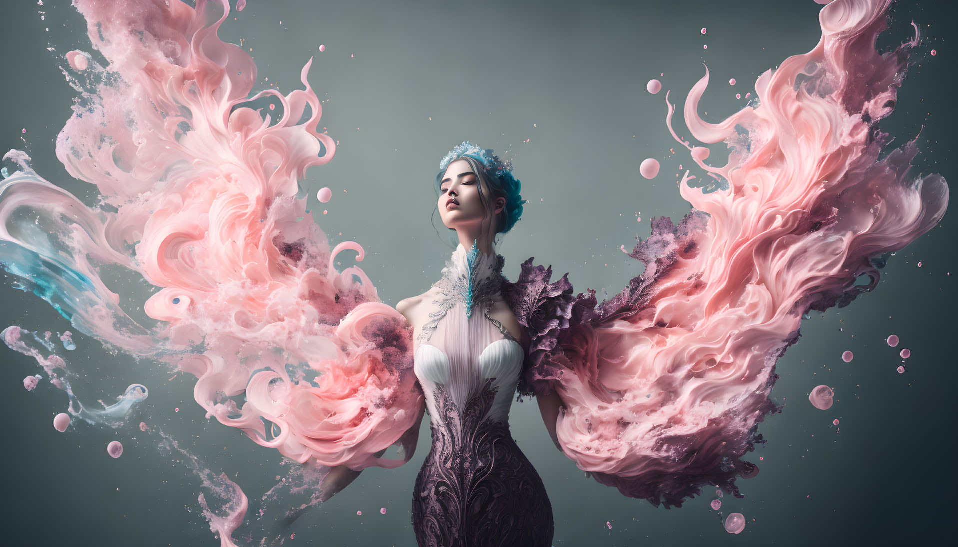 Woman in ornate dress with swirling pink and white smoke effects on muted backdrop