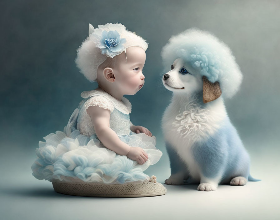 Baby and puppy in matching blue headpieces sitting together with cool-toned background