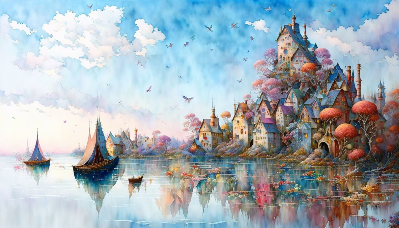 Colorful Fairy Tale Village Painting with Castles and Boats