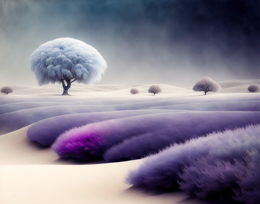 Surreal landscape: rolling purple hills, blue tree, mist, purple and white hues