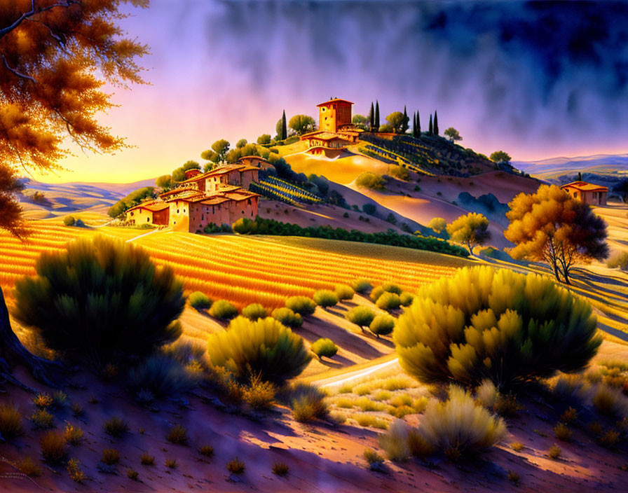 Golden fields and rolling hills landscape with rustic buildings under warm sky