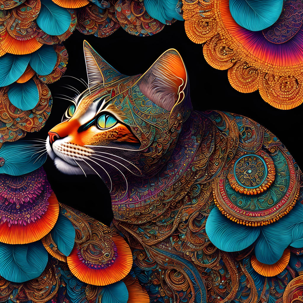 Colorful Cat Illustration with Intricate Feather-Like Designs