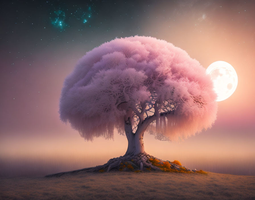 Vibrant pink tree under starry sky with visible moon in misty landscape