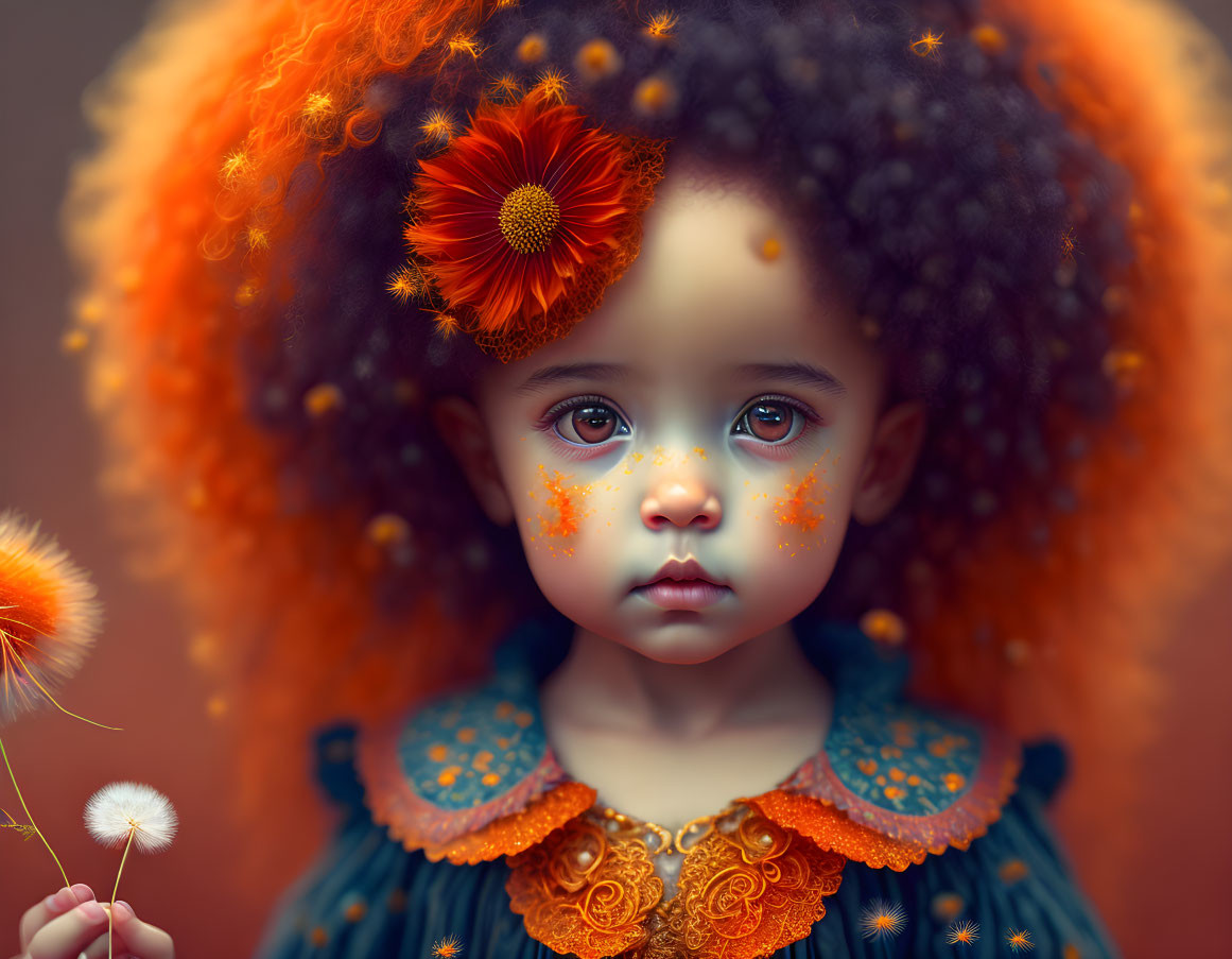 Portrait of young child with expressive eyes and vibrant orange curly hair in teal dress with orange patterns