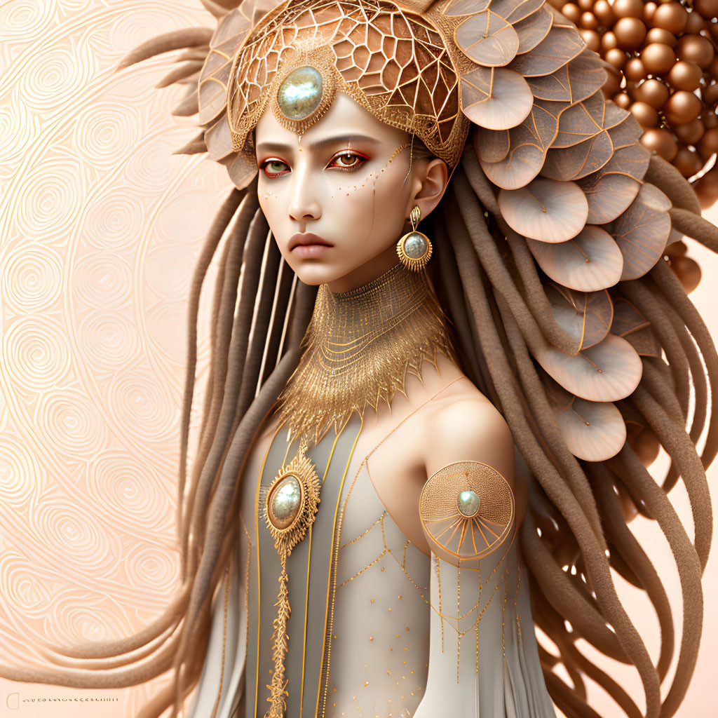 Digital art portrait of female figure in ornate gold jewelry on cream background