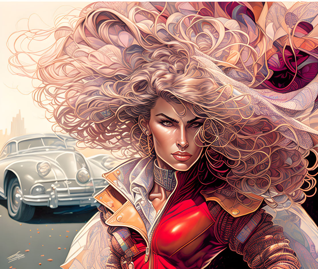 Illustrated woman with curly hair in red top and leather jacket, vintage car and cityscape.