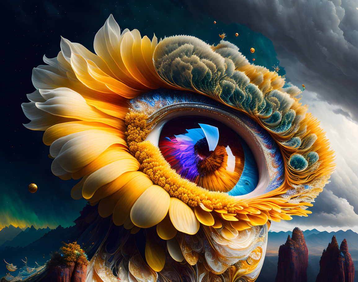 Eye surrounded by petals in fantastical landscape and celestial bodies