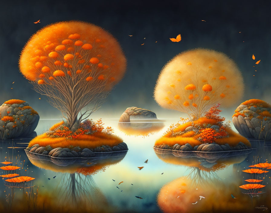 Autumnal surreal scene: mushroom-like tree canopies, vibrant orange foliage, serene water, butterflies