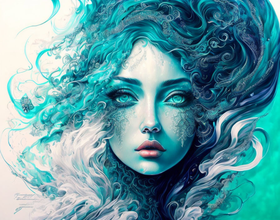 Surreal digital artwork: Woman with swirling blue hair and intricate designs.