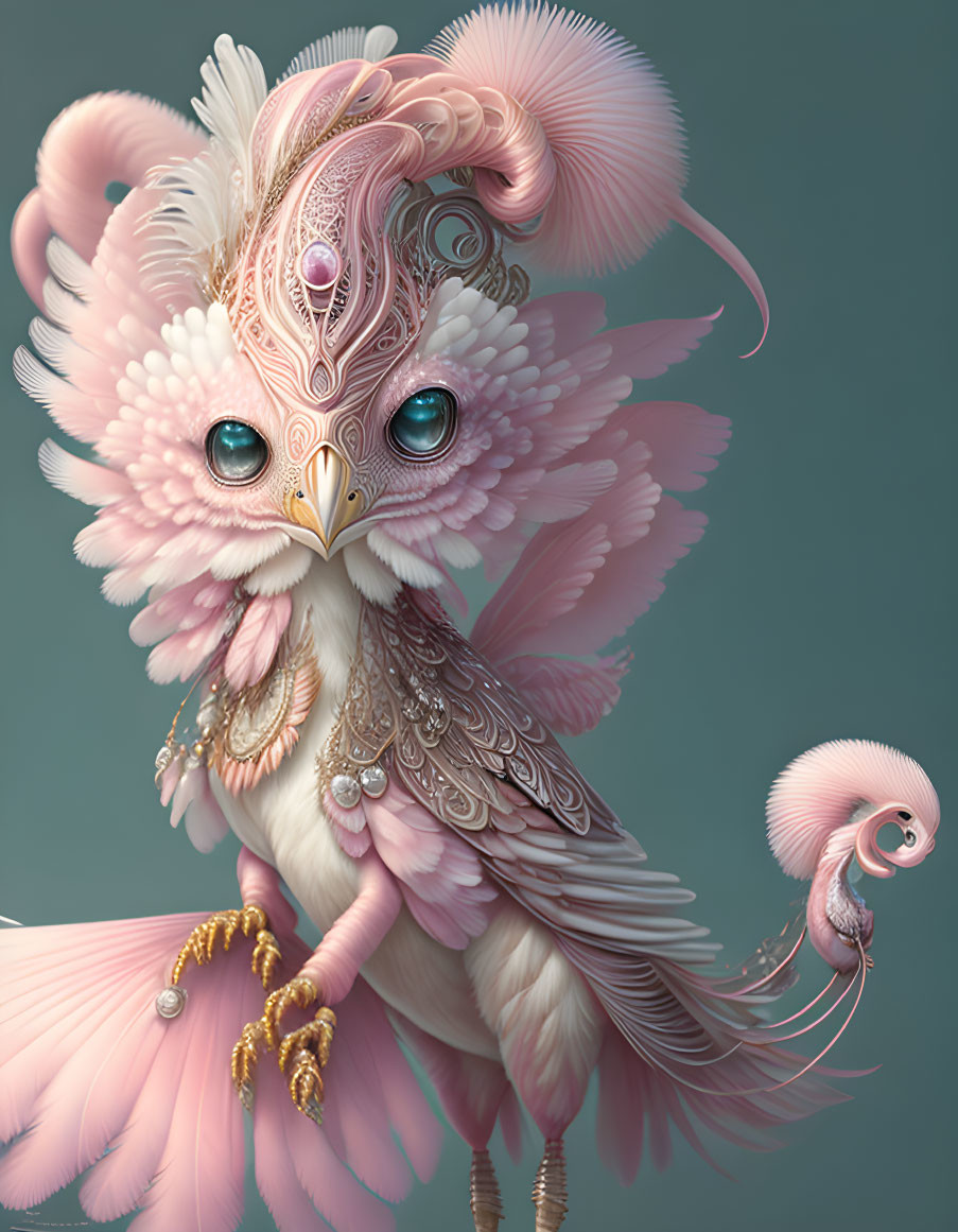 Pink and White Owl with Gold and Pearl Details