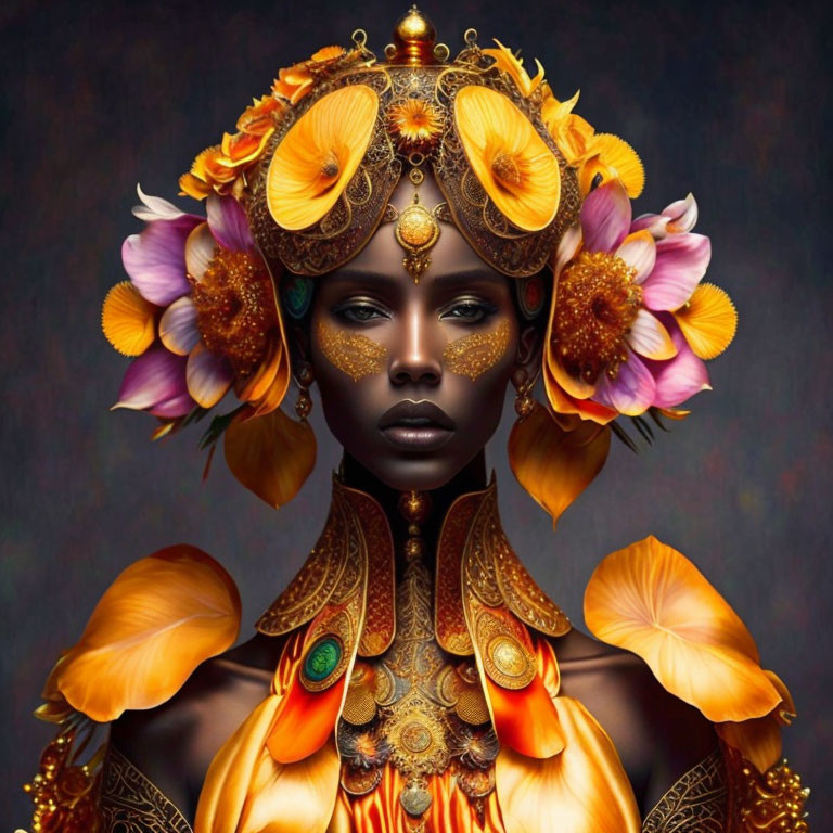 Portrait of woman with dark skin in golden headpiece and orange flowers, matching makeup and ornate neck