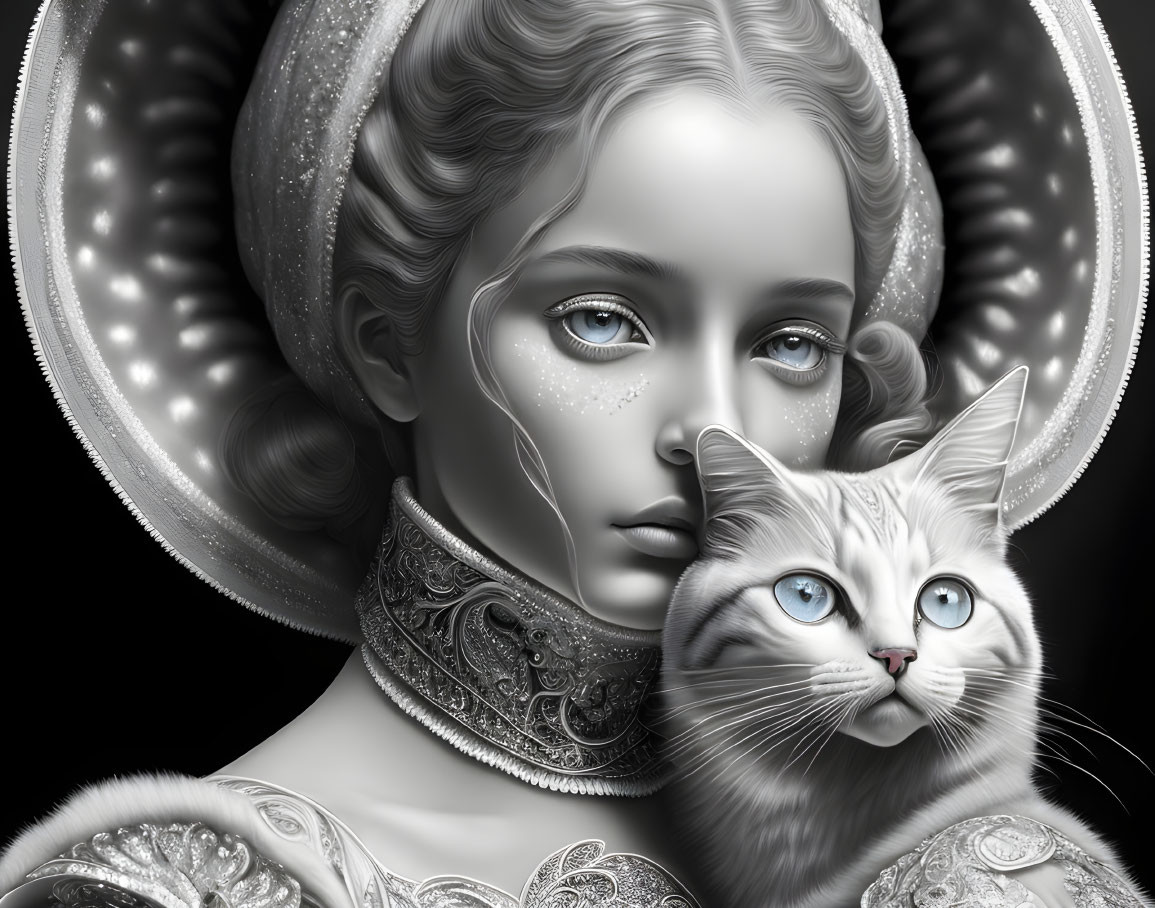 Monochrome artwork of girl with cat in ornate attire