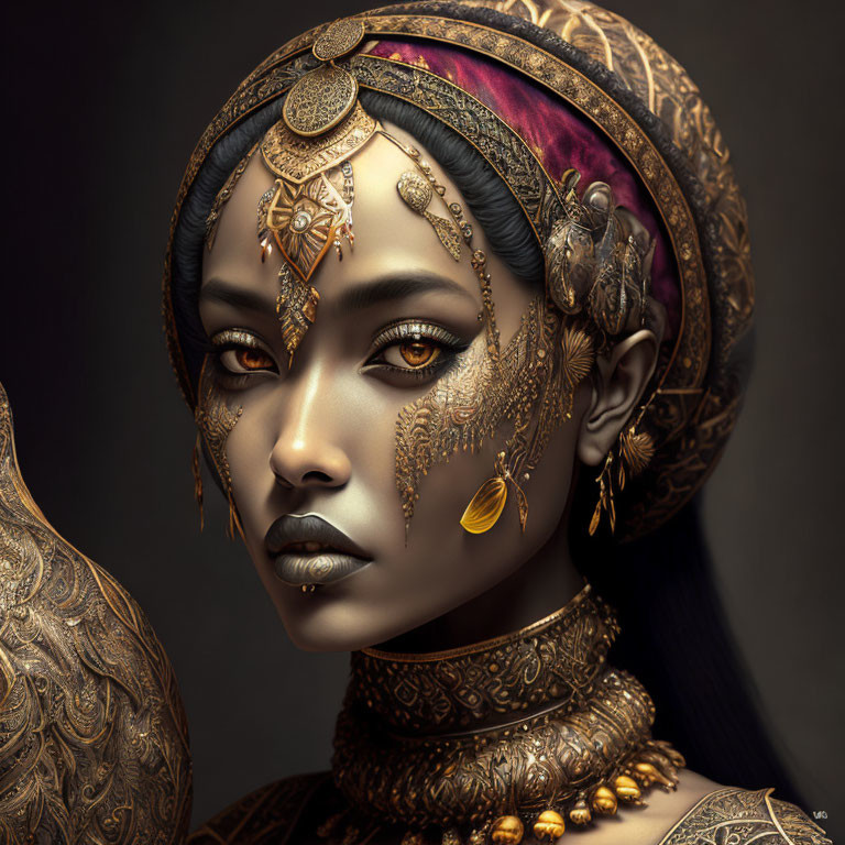 Digital artwork: Woman adorned with golden jewelry and headdress