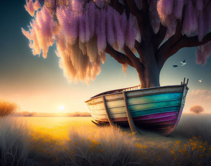 Colorful old boat under tree with purple blossoms in warm sunset glow