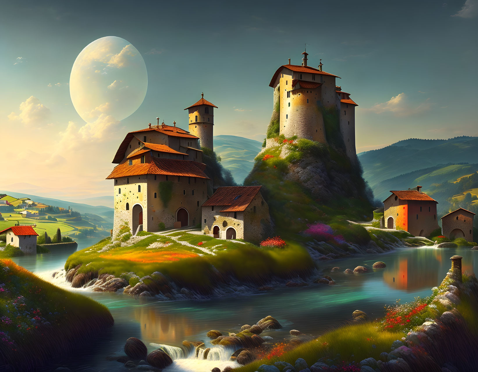 Medieval towers and vibrant flowers in fantasy landscape under large moon