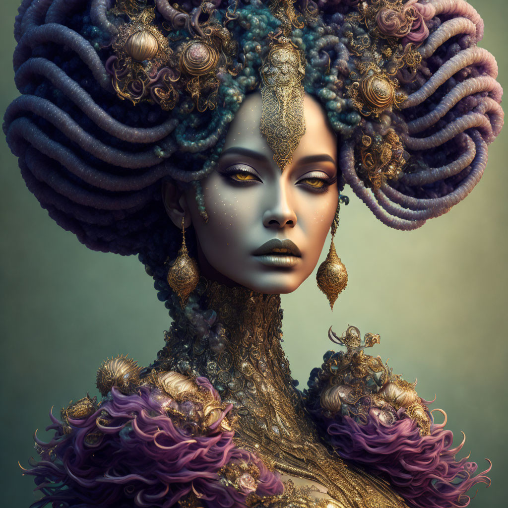 Elaborate Hair Structure and Luxurious Garment on Regal Figure