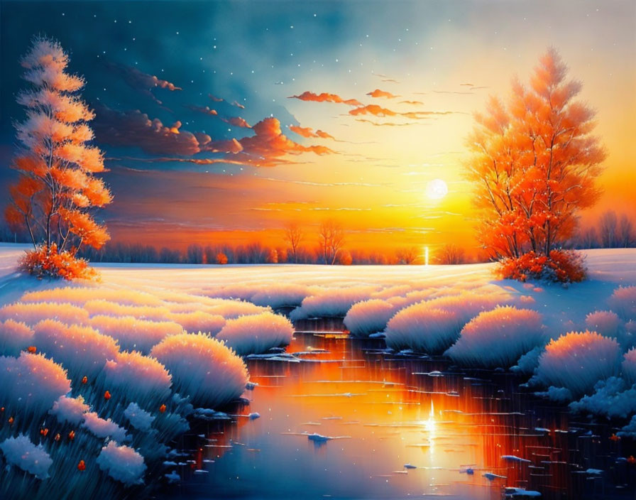 Vibrant orange trees in snowy winter sunset by tranquil river