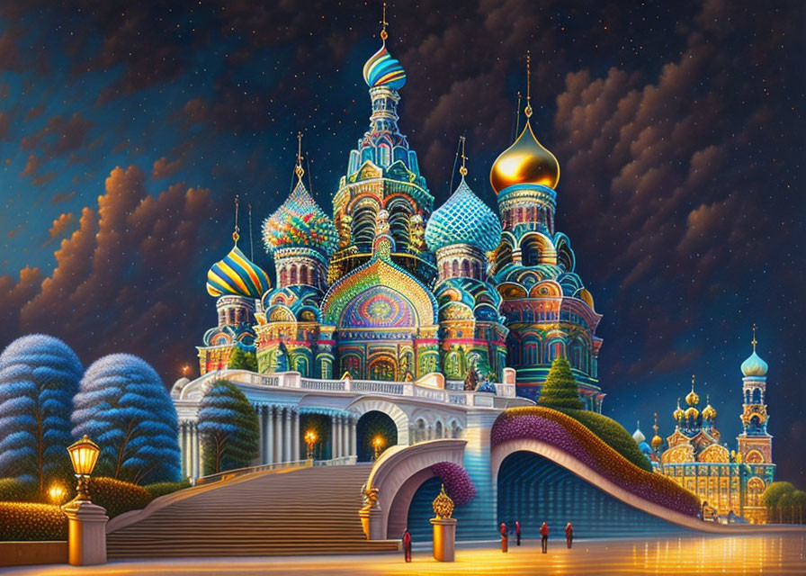 Fantastical palace illustration with colorful domes and starry sky