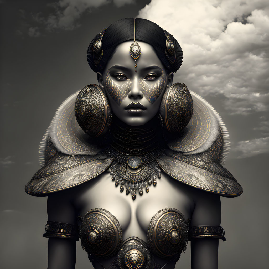 Digital artwork: Woman in ornate armor and jewelry against cloudy sky