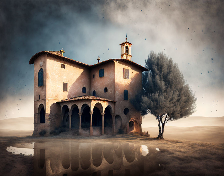 Warm-Toned Villa and Olive Tree Reflected in Still Water