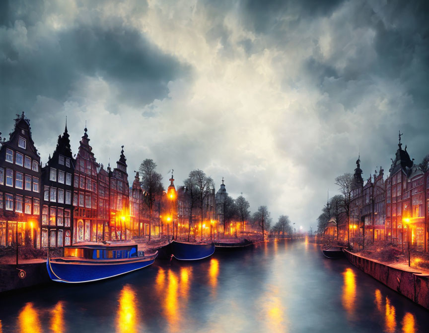 Dusk scene with illuminated street lamps by canal, historical buildings, boats, dramatic cloudy sky