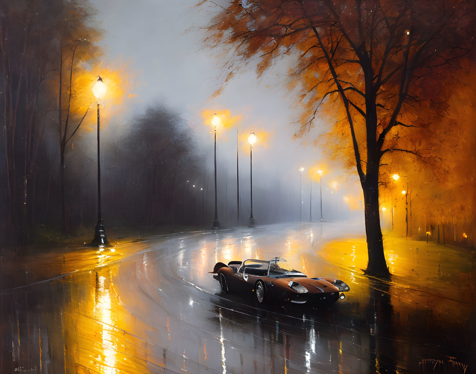 Vintage car on wet street under street lamps with orange trees and foggy ambiance.