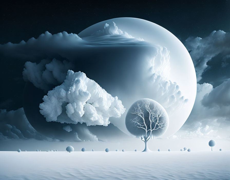 Surreal moonlit landscape with lone tree and snow-covered ground