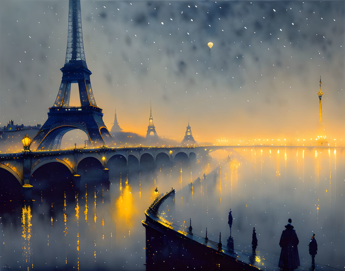 Parisian Nightscape: Eiffel Tower, Bridges & Snowy Sky