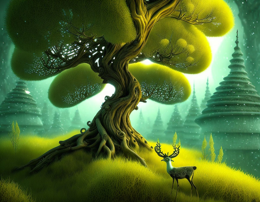 Majestic twisted tree and glowing stag in serene fantasy landscape