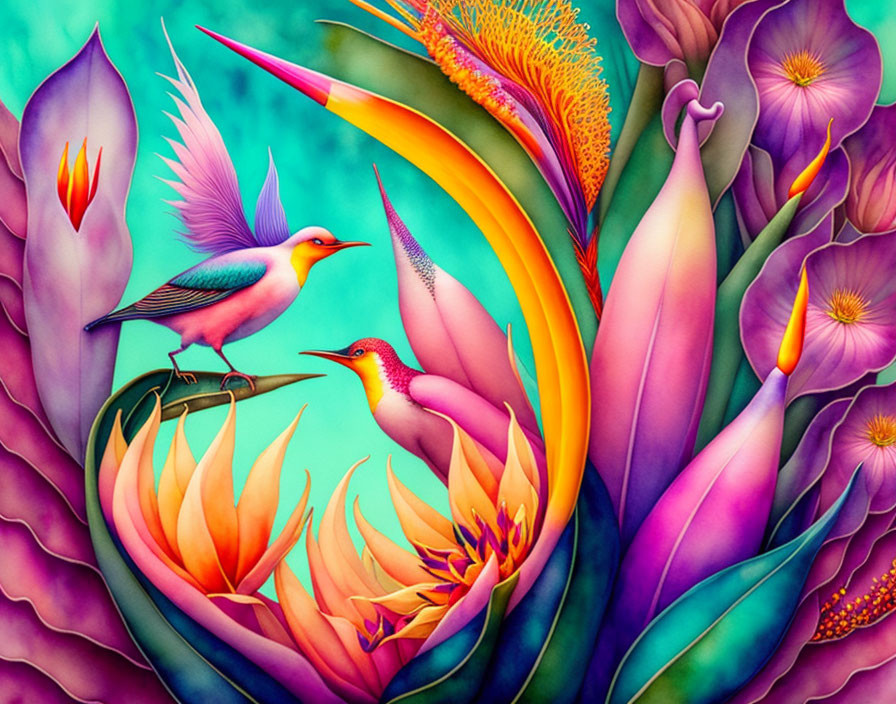 Colorful Stylized Birds and Floral Forms in Pink, Orange, Purple, Blue