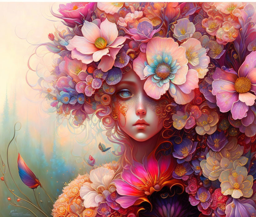 Colorful portrait with flowers and butterflies in misty setting