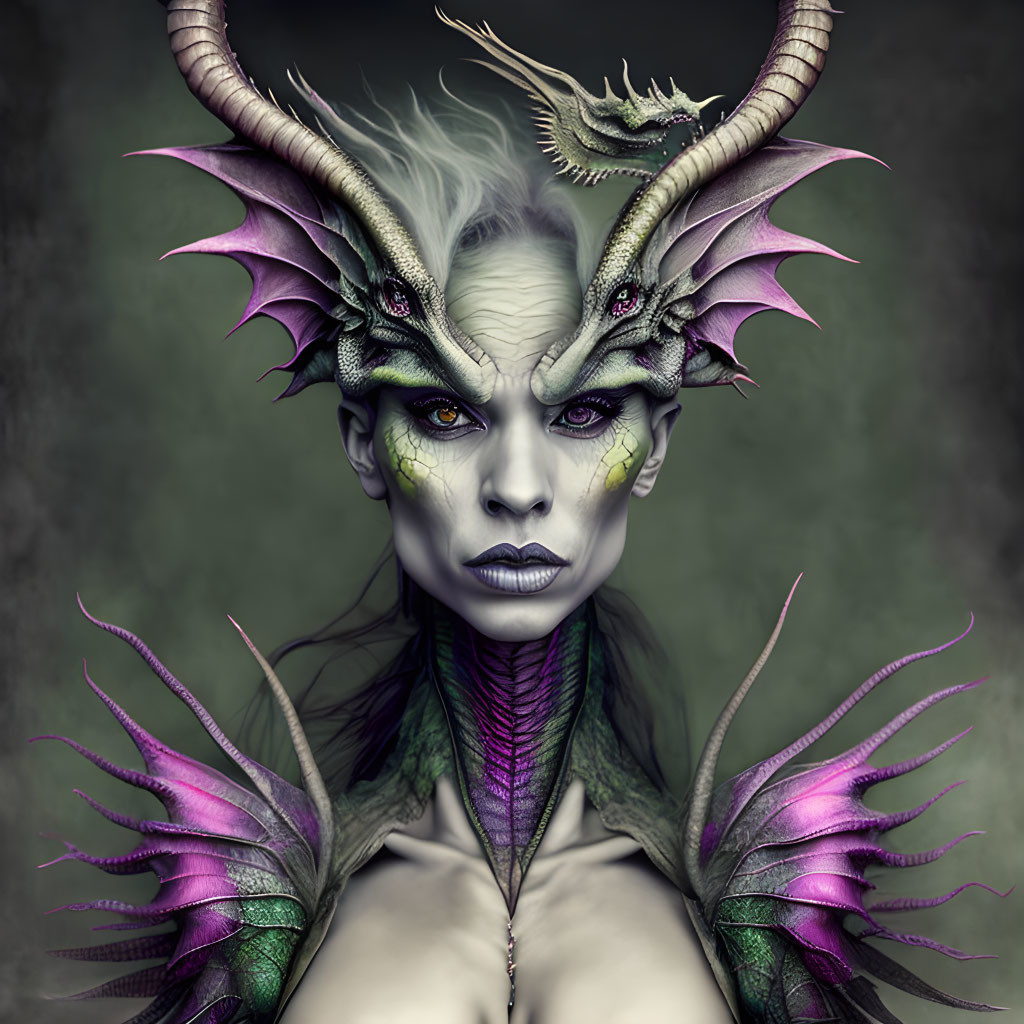 Fantasy portrait of a woman with dragon-like features and vibrant colors