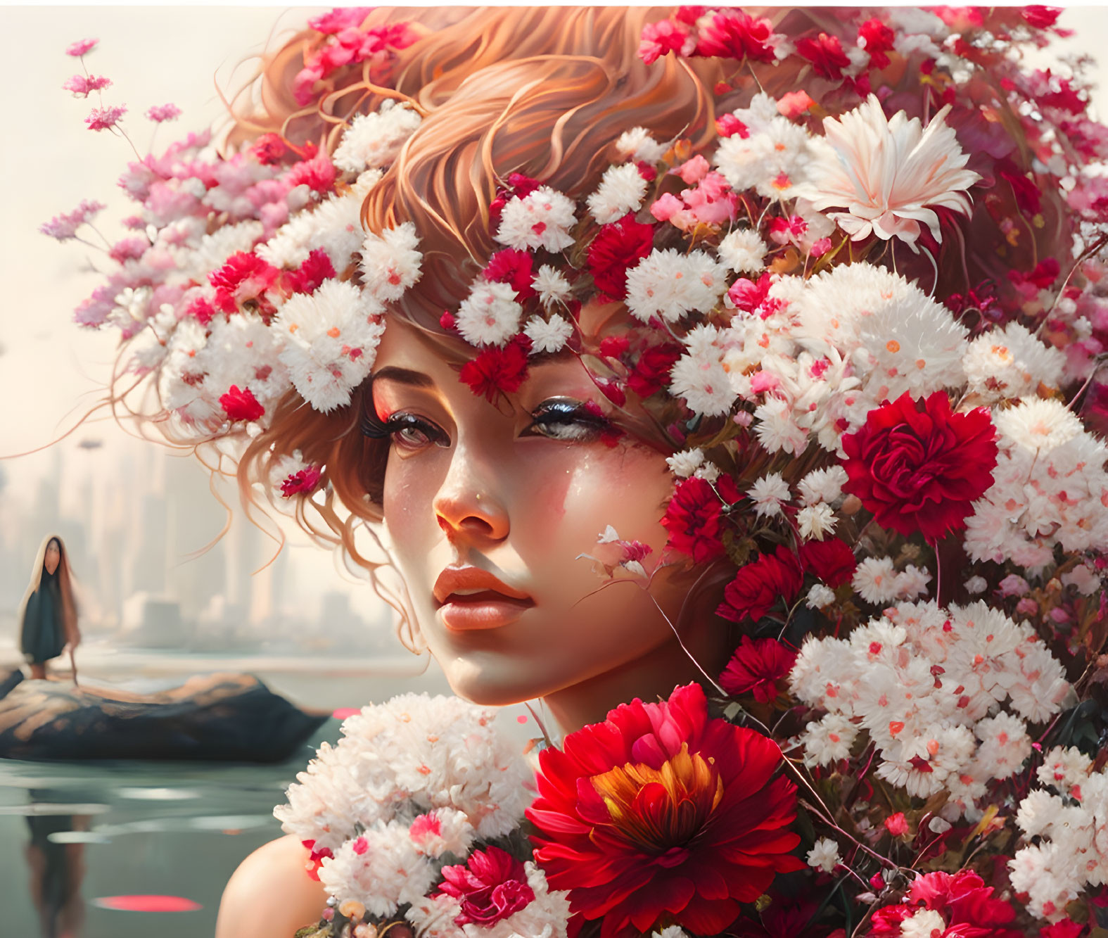 Colorful floral crown on young woman against soft background with boat figure