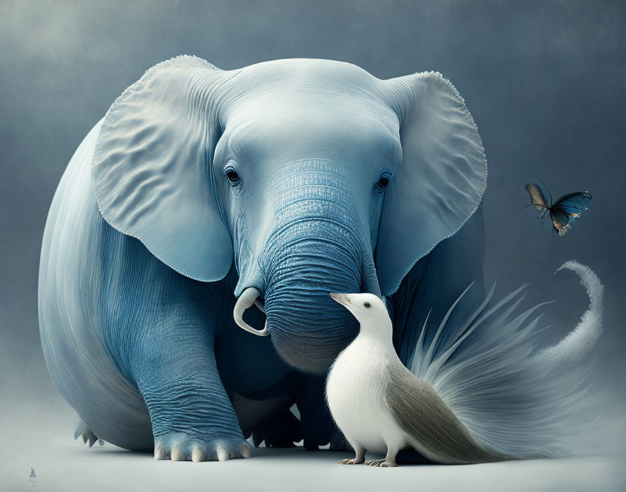 Whimsical elephant and fluffy tail with small white creature in surreal art style