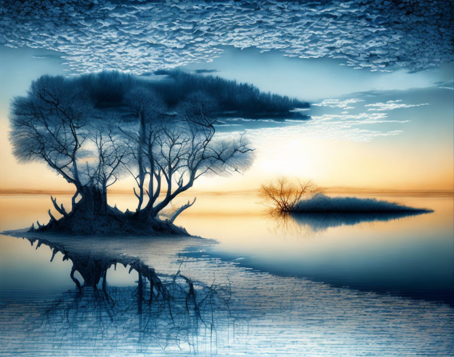 Tranquil blue landscape with tree reflections, dramatic clouds, and serene dusk ambiance